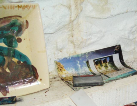 Obra fotográfica con presencia de hongos y deformaciones y maqueta de metacrilato de la obra pública La paloma de la paz, 1988, totalmente destruido