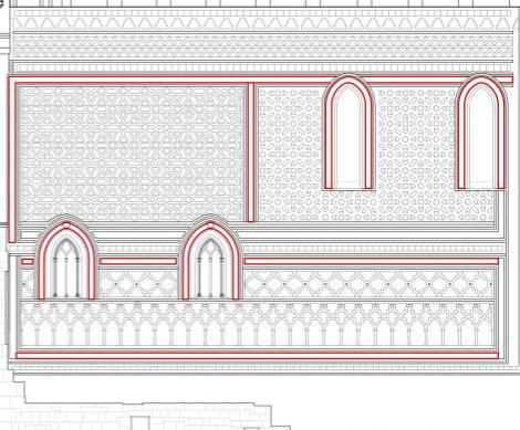 Fachada donde se distinguen las distintas tipologías básicas de cerámica: ubicación de la cerámica sevillana, enmarcada en rojo
